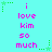 Cyan background with repeating pink text "i love kim so much" and green star-shaped corner decorations.