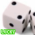 Two white dice with black dots, one showing three visible faces and the other partially obscured, both featuring green text reading 'LUCKY' at bottom left.