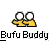 Two identical pixel art buddy icons with yellow stick figures and white circular heads, displayed on a gray background alongside promotional text for 'badassbuddy.com'.
