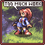 Pixel art character with red hair and green eyes stands on grassy terrain under a speech bubble reading 'TOO MUCH WORK' in block letters.