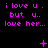 Pixelated text in bright pink on black background repeats 'i love u. but u.. love her...' with small symbols between