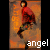 Pixelated image of a person in red clothing with orange background, overlaid text "angel" and "I'M AN ANGEL", black-and-white section with "RENT".