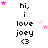 Pixelated text reads 'hi, i love joey <3' with pink stars scattered across a white background; the star positions shift slightly between frames.