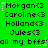 Green background with repeated text and star animations; names Morgan, Caroline, Holland, Jules followed by 3 symbols, then 'all my bffs' in pixelated font.