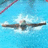 Pixelated swimmer in blue pool with white splashes, surrounded by blue background with white text fragments.