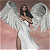 Pixelated image of a figure with large white wings, dark hair, and a white garment against a pinkish-brown background.