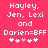 Pixelated text on bright pink background with two identical sets of names and symbols, each set containing four white hearts including one light pink heart.