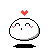 A 3x3 grid of pixel art frames showing a white round character with red blush marks, black eyes, and a small mouth in various poses with heart or music note symbols above its head against a gray background.