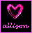 Pixelated heart icon with pink and purple gradient on black background, bordered by solid pink frame, with 'allison' text below in matching pixel style.