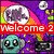 Pixelated colorful icon with multiple elements including a cat in a bubble, a teal character, and a rainbow swirl, overlaid with text banners.
