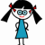 Pixelated cartoon character with black pigtails, red hair ties, blue dress, and glasses stands against white background; adjacent pink displays green text "BUY ME STUFF"