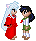 Pixel art animation of two anime-style characters in red and green outfits interacting