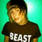 A person wearing a dark brown t-shirt with 'BEAST' text stands against a teal background, head tilted left in first frame and right in second.