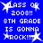Blue background with white pixelated text and starbursts reading 'CLASS OF 2008!! 8TH GRADE IS GONNA ROCK!!!!' repeated in a pattern