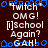 Pixelated text and blue shapes on dark brown background with repeated phrases 'twitch', 'OMG!', '[ ]School Again?', 'GAH!' in white and light gray.