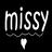 A black background displays the word 'missy' in white cursive text with a wavy underline, accompanied by an animated heart that changes color from white to cyan.