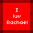 Red square with black lines containing white pixelated text reading "I luv Rachael" in three centered