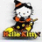 Pixelated cartoon character with white face, black hair, orange bow tie, and yellow outfit holding a brown object.