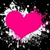 A bright pink heart shape with a pixelated white and gray splatter effect on a black background.