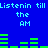 Blue background with cyan text reading "Listenin till the AM" repeated twice, green audio equalizer bars in motion.