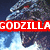 Godzilla figure with blue and white smoke on left, red 'GODZILLARULES' text overlay, and dark silhouette on right against dark background.