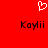 Red background with white pixelated heart symbol above two identical black pixelated text instances reading 'Kaylii' in a digital font.