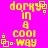 Yellow pixelated text on bright pink background reads "dorky in a cool way" with small square icons at corners, animated to shift position.