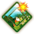Pixelated diamond-shaped icon shows green landscape with blue water, white clouds, and yellow-orange sunburst on gray background.