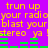 Pixelated text and green audio bars on a purple background with repeated phrases and punctuation.