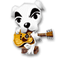 A white dog with black markings holds a brown acoustic guitar, standing on a small brown box against a gray background.