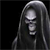 Pixelated grayscale image of a figure with long dark hair obscuring the face, set against a solid black background.