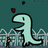 Pixelated image of a light blue dinosaur with black outline standing beside a small human figure, two red hearts floating above against teal background.