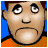 Pixelated cartoon face with exaggerated features on blue and orange background, static single-frame image.