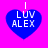 Four identical blue heart-shaped icons with white text "LUV ALEX" on a bright pink background, each featuring a small vertical line above the heart.