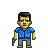 Pixel art of a male character with brown hair, blue checkered shirt, gray pants, holding a dark handgun, standing against a solid gray background.
