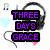 Pixelated graphic with purple text 'THREE DAYS GRACE' on black rectangles, surrounded by gray headphones and light blue/pink heart shapes.