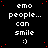 Black background with white text 'emo people... can smile :)' repeated in a pattern, scattered red dots, and a solid gray rectangle in the bottom-right corner