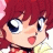Pixelated anime-style character with red hair and large blue eyes, mouth open in a smile, against a black background with white text.