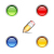 Five pixelated circular icons arranged in a grid with one diagonal pencil icon; colors include green, red, blue, yellow, and brown tones.