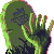 Pixelated green humanoid figure with dark blue facial markings, pink and brown accents on limbs, and a gray background.