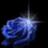 Blue rose with glowing center on black background, accompanied by blue pixelated text reading "A rose is love." and "But seeing one brings tears to the lonely".