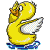 Yellow duckling with orange beak and feet, white wing patches, blue water base; animated sequence shows head turning left to right across frames.