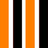A static image with vertical orange, white, and black stripes on the left side and 'happy halloween' text in pixelated orange letters on a black background.