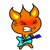 Orange cartoon creature with flame-shaped ears plays blue electric guitar, showing multiple facial expressions and partial instrument in