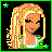 Animated contact sheet of a pixel-art female character with blonde hair, green striped shirt, and blue jeans across multiple frames showing facial expressions, body parts, text overlays, and animation changes.