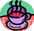 Animated sequence of a purple teacup with steam, held by an orange hand, transitioning from a saucer to a tray and back.