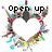 A heart-shaped frame of colorful pixelated figures with text above reading 'Open up your heart' in black block letters.