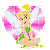 Pixelated cartoon fairy character with blonde hair, green leaf-like top, and pink-and-white striped wings in three sequential animation frames showing slight pose changes.
