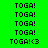 Pixelated text 'TOGA!' repeated with a heart symbol on green and blue backgrounds in two side-by-side