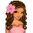 Pixelated static icon of a woman with long brown hair wearing a pink dress and holding a large pink flower near her face.